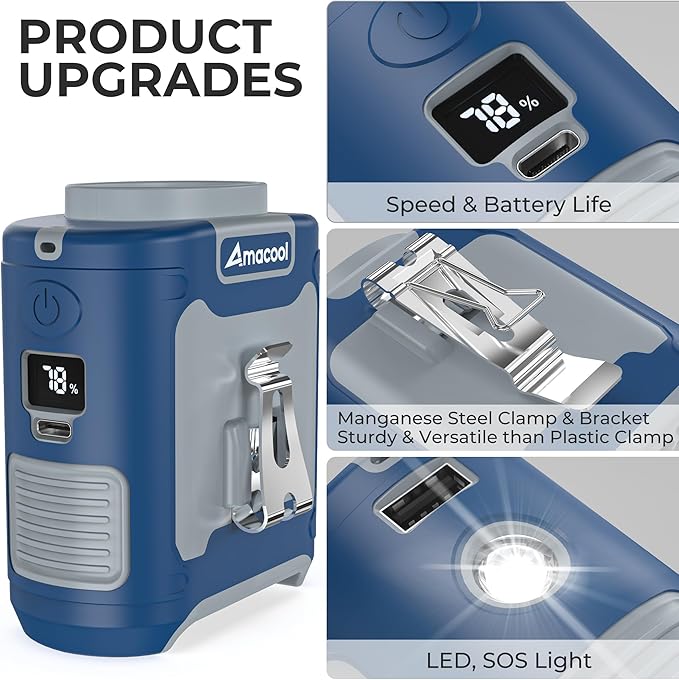 AMACOOL Portable Waist Fan Clip On, MAX 40H Work Time, 10000mAh Rechargeable Wearable Shirt Fan with Light, 16000RPM Powerful 5 Speed Belt Fans Personal Cooling Fans for Outdoor Jobsite Camping Travel