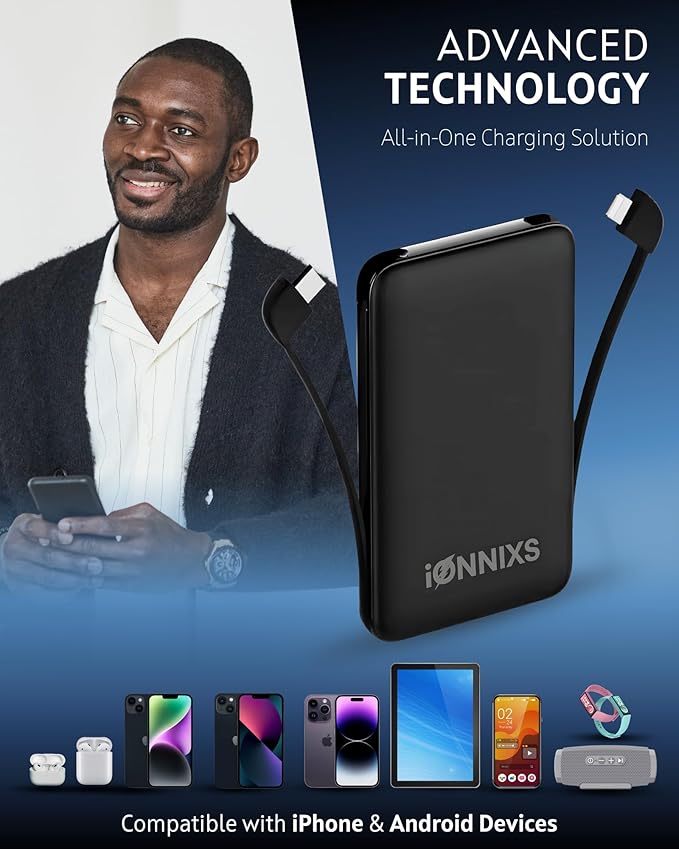 Portable Charger with Built in Cable - 10000mAh Ultra-Slim Portable Charger Power Bank with USB-C Cable, Lightning Cable - Fast Charge 20W - LED Battery Indicator, Power Bank (Black, 10.000mAh)