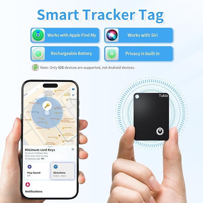 Smart Card (Black) 2 Pack, Smart Wallet Tracker Card Compatible with Apple Find My (iOS only), Bluetooth Tracker with Wireless Charging, IP68 Waterproof Finder, Item Finder with Key Ring/Nylon Lanyard