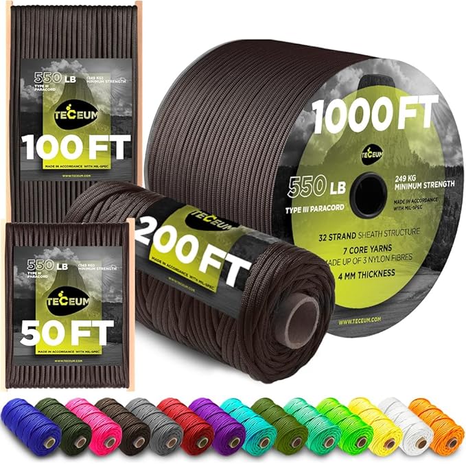 TECEUM 5/32" Paracord Rope 1000 – 1000ft / 200ft / 100ft / 50ft – Tactical Parachute Cord 4mm – 45+ Colors – Nylon String for Survival & Camping Gear – Stripe Cord for Survival – Utility Rope