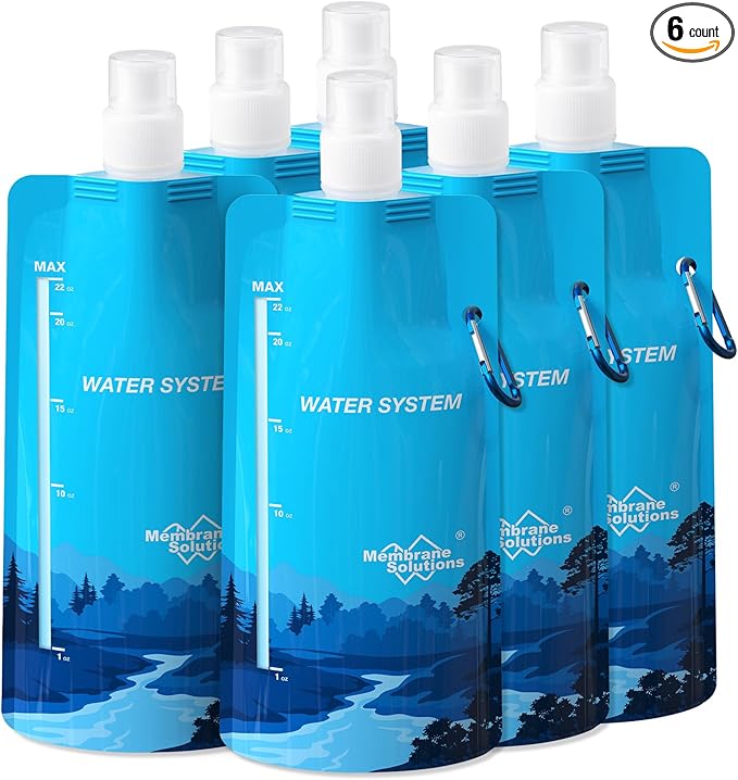 Membrane Solutions Collapsible 23oz Water Bottle with Filter Straw, Reusable Pouch and Carabiner, Foldable Water Container for Hiking, Camping, Travel, Emergency