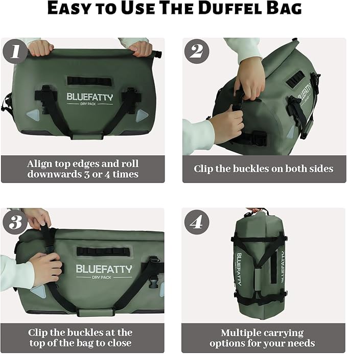 Waterproof Motorcycle Duffel Bag Roll Top Dry Duffel Bag with Quick-fixed Straps for Rafting, Boating, Kayaking, Travel, 50L(Army Green)