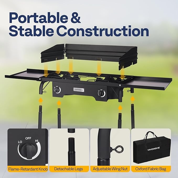 VIVOHOME 2 Burner Outdoor Propane Stove, Heavy Duty Gas Stove with 2 Side Panels and Windscreen, 150,000 BTU Camping Stove for Backyard Barbecues