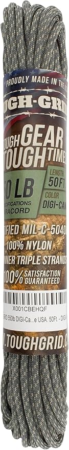 TOUGH-GRID 550 Paracord Rope Nylon Parachute Cord, Made in USA Survival Kit, Outdoor Adventures, Camping, Tactical Gear & Emergency Supplies, Military Type III Mil-Spec