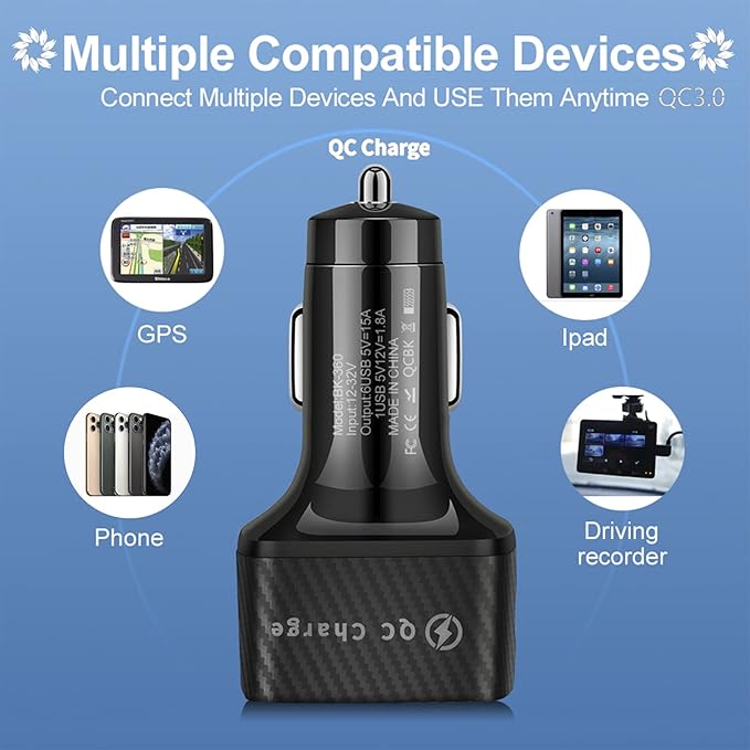 Amiss Car Charger Adapter, 6 USB Multi Port, Fast Charger, Include QC 3.0 and 5 Other Ports, Car Interior Accessories, Fit for iPhone 17/16/15/14/13Pro Max, Samsung, Android (Black 2pcs)