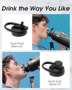 Coolflask 32 oz Water Bottle with Strap, Insulated Metal Water Flask with Straw & Spout Lids, Stainless Steel Double Wall Vacuum, Keep Cold 48h Hot 24h, Leak Proof & Non-BPA, Magic Black