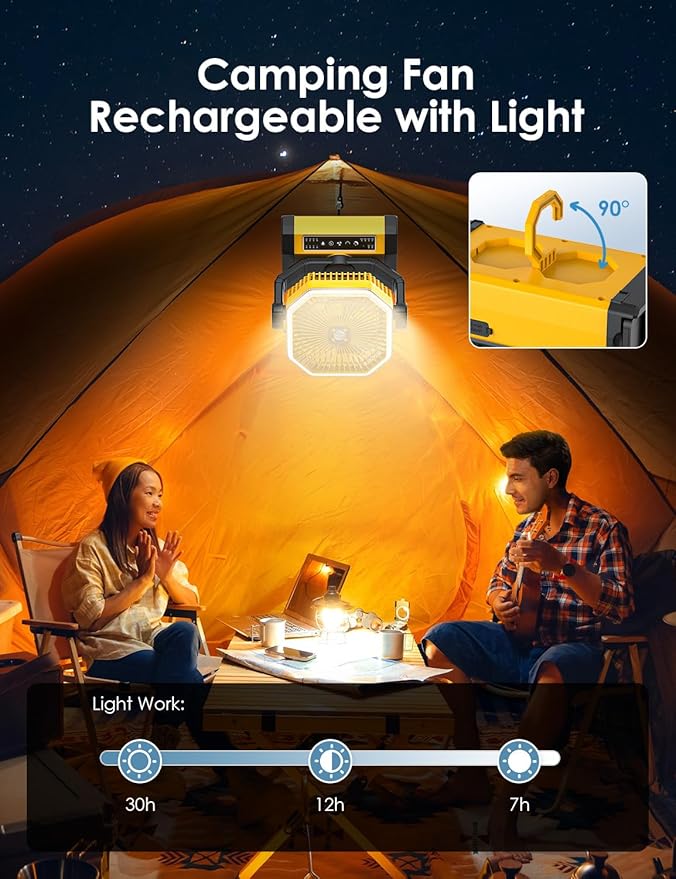 Battery Powered Fan - 9-Inch Rechargeable Fan Portable, 10000mAh(30Hrs) Camping Fan for Tent, Auto Oscillation Cordless Fan, Tent Fan for Camping with Remote/light, 4 Speeds, 4 Timing, Outdoor