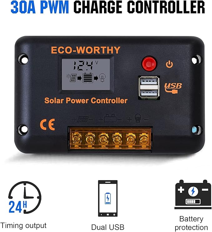 ECO-WORTHY 100 Watt 12 Volt Solar Panel Kit for RV Battery Boat Trailer Cabin Garden Shed Home: 100W Solar Panel+30A PWM Charge Controller+ Tray Cable + Z Mounting Brackets