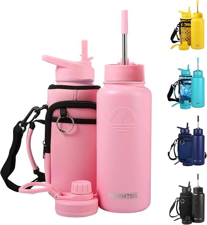 32 Oz Insulated Water Bottle with Strap Stainless Steel Sports Water Bottle with 3 Lids (Straw, Chug & Flip Lid) 1 Liter Leak Proof Insulated Metal Jug for Men & Women - Pink (Solid)