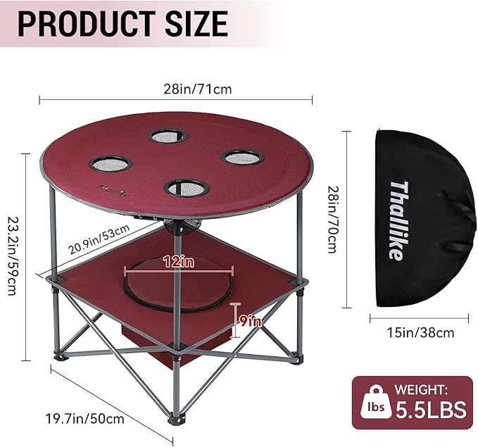 Portable Lightweight Folding Camping Table - Collapsible Foldable Picnic Camp Table with Cooler 4 Enlarged Upgraded Cup Holders and Carry Bag for Tailgating Beach BBQ RV Hiking Party Travel