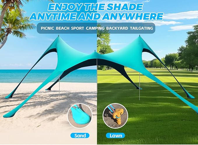 Beach Tent Sun Shelter & Portable Beach Canopy UPF50+ Uv Protection, Beach Shade Canopy/Cabana with 8 Sandbags, 4 Stability Poles, Sand Shovel Ground Pegs for Outdoor Camping