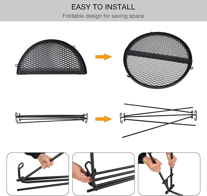 REDCAMP Swing Campfire Grill Stand - Collapsible Campfire Cooking Rack with 6 Hooks & Iron Grill Grate, Portable Dutch Oven Hanger for Outdoor Camping, Cookware, Bonfire, Round