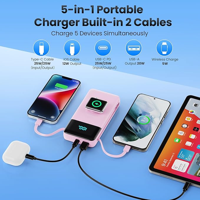 Portable Charger 40800mAh for iPhone with 2 Built-in Cable and iWatch Charger, 5-in-1 25W PD Fast Charging USB C Power Bank,QC4.0 LED Display Battery Pack for iPhone 16/15/14/13/12,Android,Apple Watch