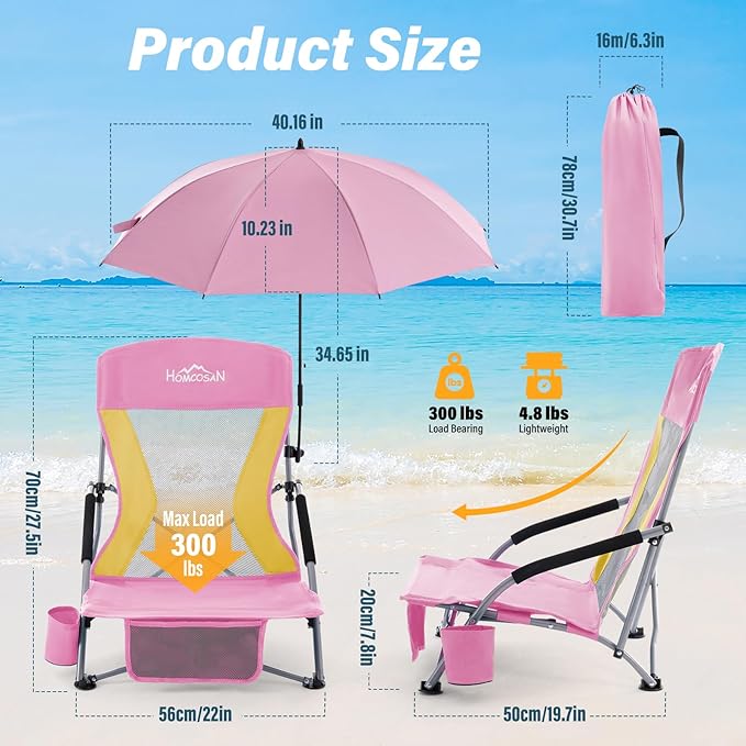 Homcosan Portable Low Folding Beach Chairs Set of 2 with Detachable Umbrellas - Lightweight Camping Chairs for Adults with Cup Holder & Storage Pockets, Carry Bag Included (Pink & Yellow)