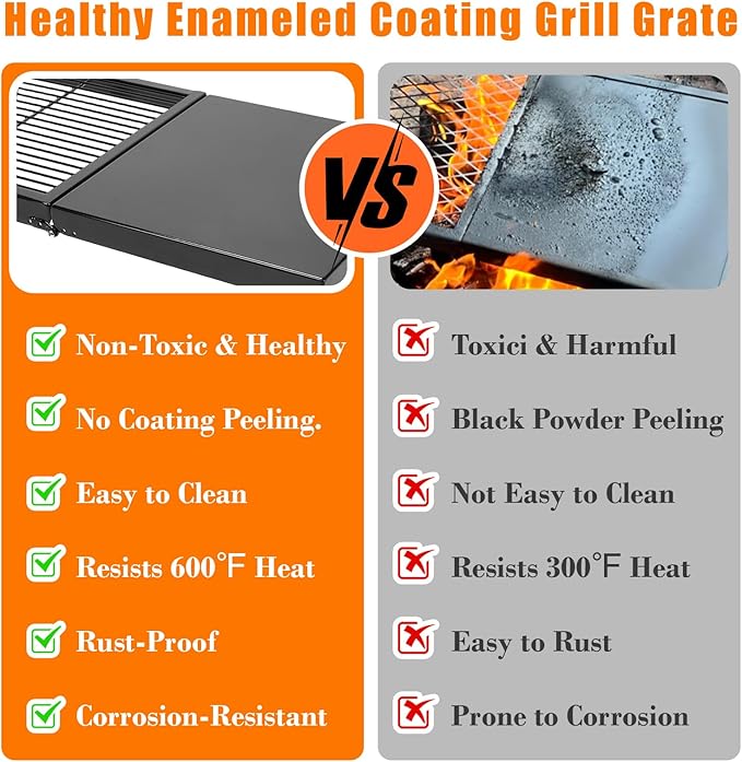 Folding Campfire Grill,Enameled Coating Grate, Heavy Duty Camp Grill Grate, Portable Camping Grates Over Fire Pit, Campfire Grill Cooking Equipment with Carrying Bag for Outdoor Cooking