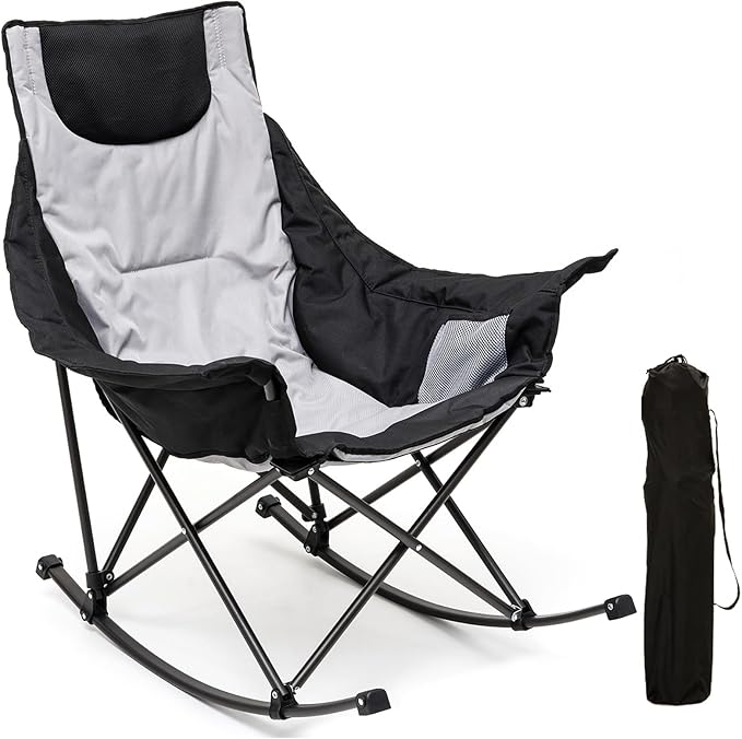 SUNNYFEEL Rocking Camping Chair, Luxury Padded Recliner, Oversized Folding Lawn Chair with Pocket, Heavy Duty for Outdoor/Picnic/Lounge/Patio, Portable Camp Rocker Chairs with Carry Bag