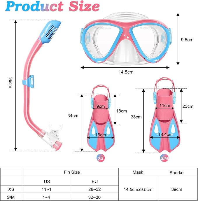 Snorkeling Gear for Kids Ages 5-15, 4 in 1 Mask Fins Snorkel Set with HD Tempered Glass Panoramic View Anti-Fog Mask, Dry Top Snorkel, Adjustable Trek Fins, and Mesh Bag, Kids Snorkel Set for Youth