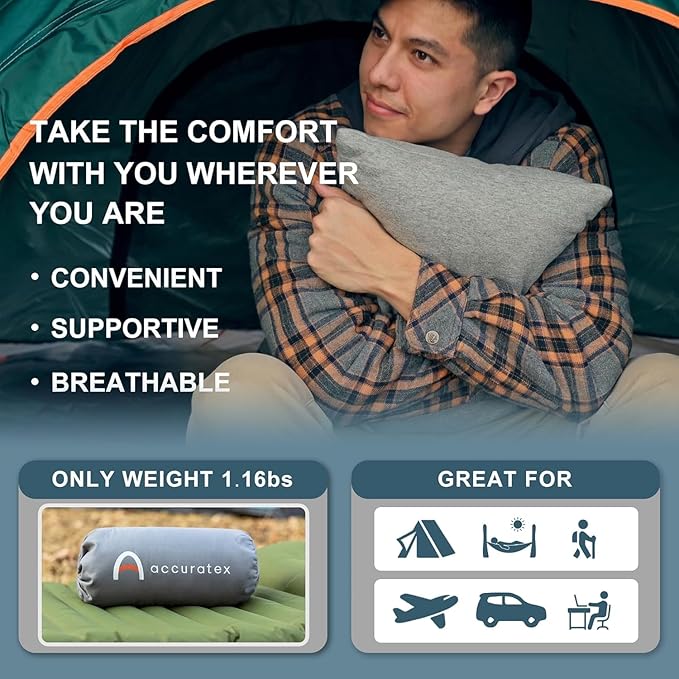 ACCURATEX Camping Pillow for Woman-100% Cotton Breathable Cover,Shredded Memory Foam Compressible Travel Pillow,Camping&Travel Accessories-Small Backpacking Pillow Camping Essentials for Sleeping,Gift