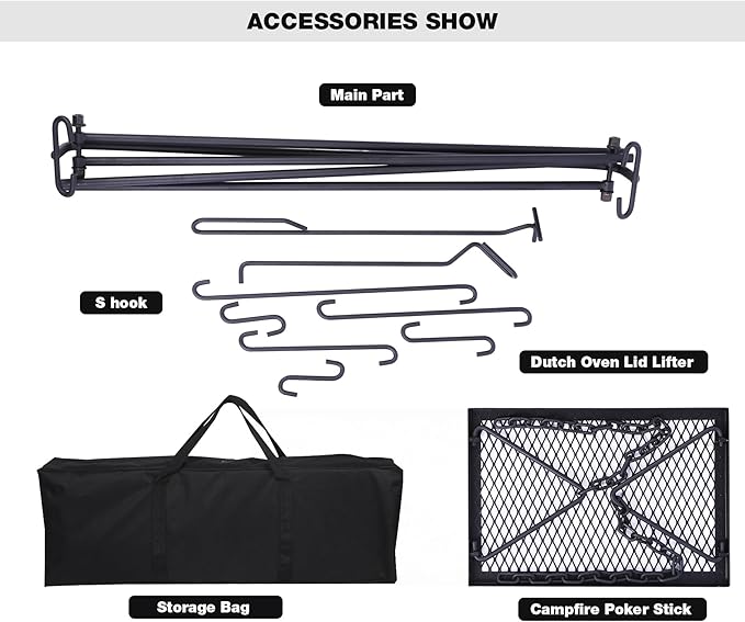 REDCAMP Swing Campfire Grill Stand - Collapsible Campfire Cooking Rack with 6 Hooks & Iron Grill Grate, Portable Dutch Oven Hanger for Outdoor Camping, Cookware, Bonfire, Rectangle