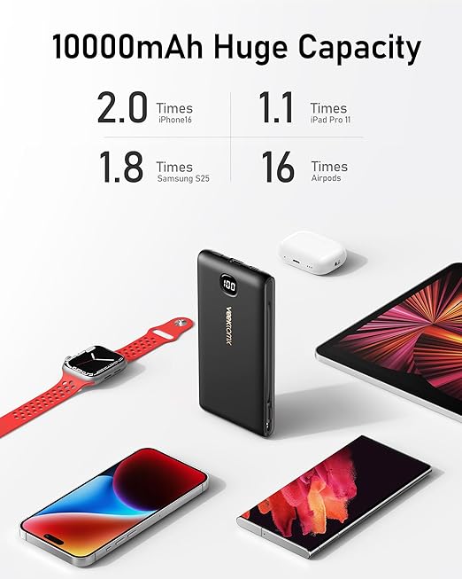 Portable Charger Power Bank Built in Cables and Wall Plug, 10000mAh iPhone Battery Pack Fast Charging, USB C External Slim Power Bank, Travel Essentials Compatible with iPhone 17 16 15 14 iPad, Black