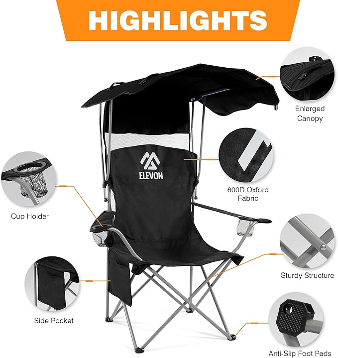 Camping Chair, Oversized Folding Chair with Canopy, Portable Outdoor Chair with Arms, Cup Holder and Carry Bag for Camping, Fishing, Beach, and Sports, Graphite