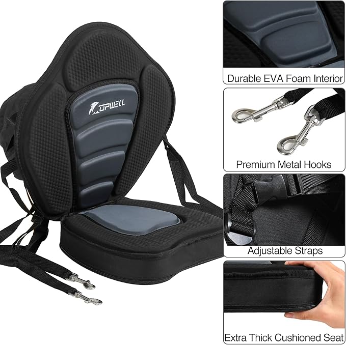 UPWELL Universal Kayak Seat with Detachable Storage Bag & 4 Adjustable Strap, Paddle Board Seat with Memory Foam Padded and Backrest for Kayak, Canoe, Sup