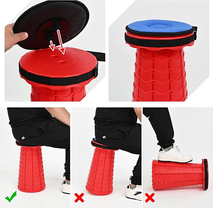 2 Pack Upgraded Collapsible Stool Folding Stool with Cushion,Retractable Folding Stool Max Load Capacity 400lbs, Portable Telescoping Stools for Camping Hiking Outdoor BBQ -Red