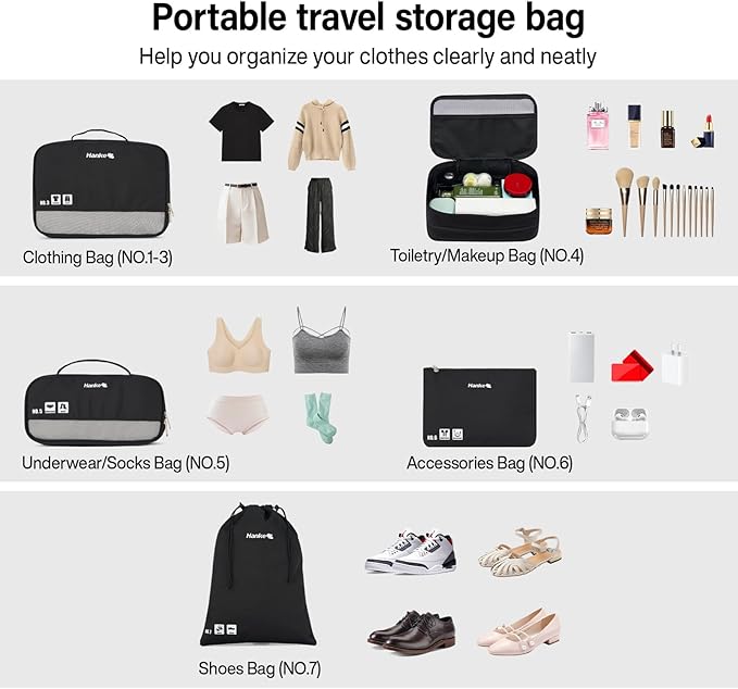 Compression Packing Cubes (Pack of 7), Expandable Luggage Organizer Bags, Hanke Packing Cubes for Travel, Double Zipper Durable Travel Packing Organizers for Suitcase Backpack and Carry-On