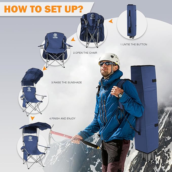 Camping Chair, Oversized Folding Chair with Canopy, Portable Outdoor Chair with Arms, Cup Holder and Carry Bag for Camping, Fishing, Beach, and Sports, Indigo