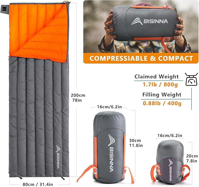 BISINNA 1.72lbs Ultralight Backpacking 650 Fill Power 32-50F Down Sleeping Bag for Adults and Kids - Ultra Lightweight and Compact Backpack Envelope Sleeping Bag for Hiking Camping
