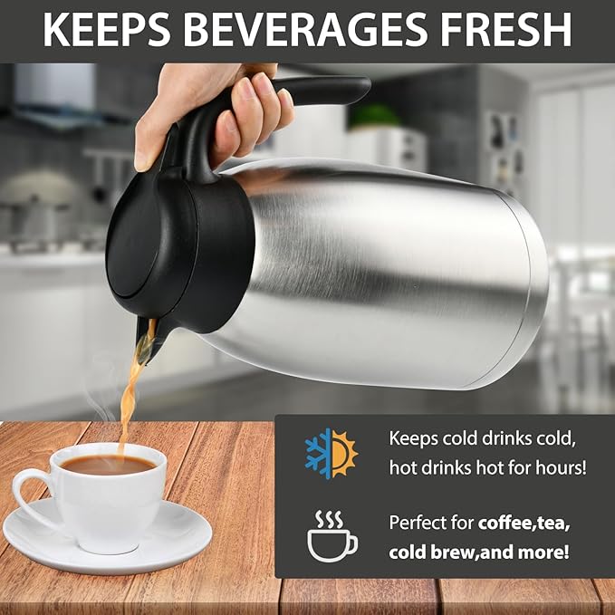 Heritage66 Thermal Coffee Carafe -Triple Wall Vacuum insulated Flask- keeping Beverages Hot for 12 hours /24 hours cold Tea, Water, and Coffee Dispenser (2 Liter/68Oz with Brush)