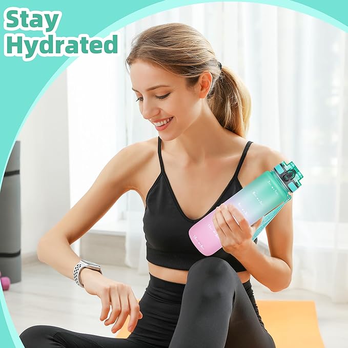OLDLEY 32 oz Water Bottle, Motivational Water Bottle with Time Marker, Sports Water Bottle With Strap, Leakproof & BPA Free Large Water Bottles for School, Gym, Travel, Outdoor, Tritan,Green&Pink