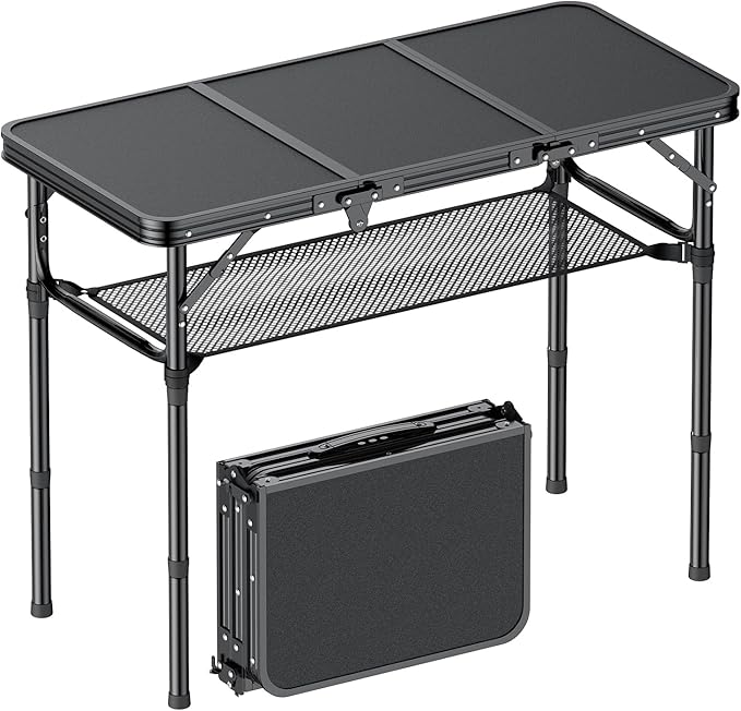 Folding Camping Table, 3 FT Folding Portable Camping Table, Outdoor&Indoor Picnic Table with 3 Adjustable Height Max 27.1",Lightweight Aluminum Camping Tables, Car Camping Essentials-Pure Black