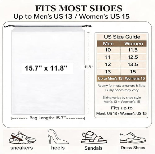 18 Pack Clear Shoe Bags for Travel, 15.7"×11.8" PEVA Drawstring, Waterproof, Fits up to Men’s 12–13, Reusable Storage for Shoes, Clothes & Toiletries, Keep Luggage Tidy & Odor-Free