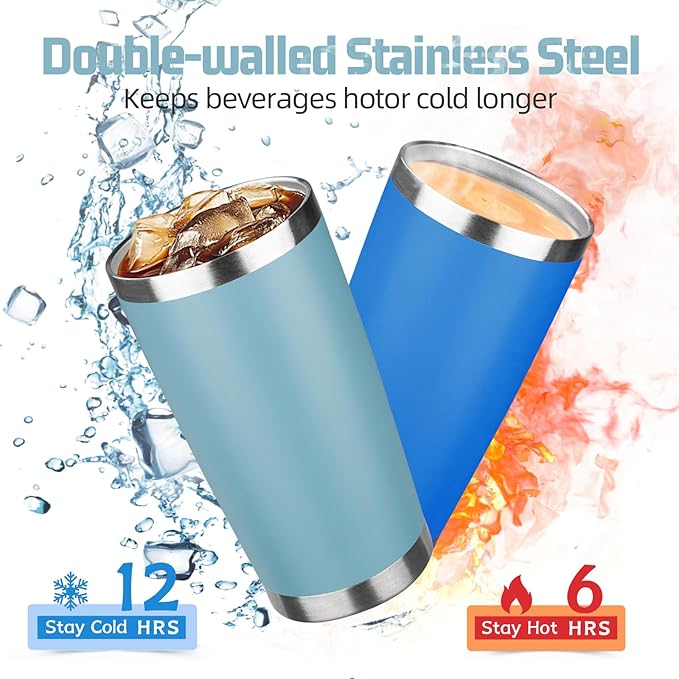 20 oz Tumbler with Lids and Straws, Stainless Steel Insulated Travel Coffee Mug, Double Wall Vacuum Insulated Tumblers, Powder Coated Coffee Tumbler for Cold & Hot Drinks (Maya Blue, 6 Pack)
