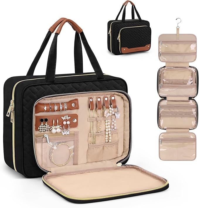 Wedama Toiletry Bag for Women, Hanging Travel Toiletry Bag with Jewelry Organizer Compartment Large Makeup Bag, PVC Waterproof Cosmetic Travel Bag for Travel Business Trips Camping Bathroom, Black