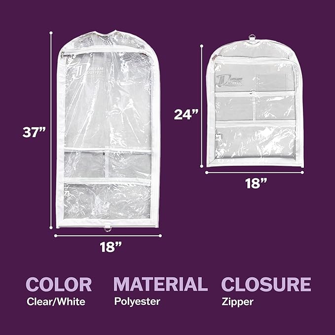 Clear Garment Bags for Dance Costumes 3-Pack, Short-Size, Side Zipper Entry, Storage Pockets for Shoes & Accessories, Size 24”x18”, Dream Duffel