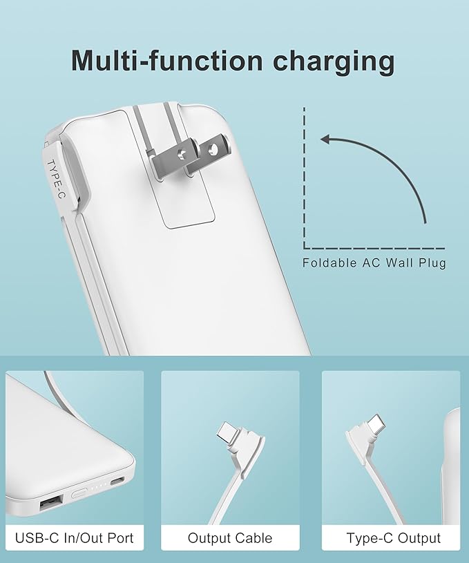 2-Pack 10000mAh Phone Portable Charger Power Bank, Built in 2 Cables and AC Wall Plug, Fast Slim USB C Charging Battery Pack Power Bank Compatible with iPhone, Android, White & Pink