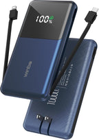 Portable Charger with Built in Cables, 10000mAh Power Bank with Wall Plug, Travel Essential Fast Charging Battery Pack for iPhone 17 16 15 14 etc (Blue)