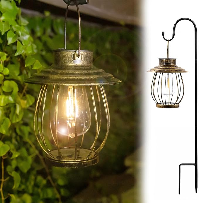 Solar Lanterns Outdoor Waterproof - Outdoor Hanging Lantern with Shepherds Hook, Garden Solar Lights Decorative Gifts for Women Mom Grandma, Lanterns Decorative Outdoor for Yard Patio Backyard Porch