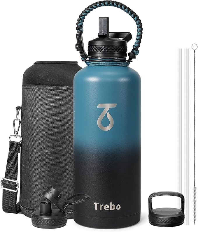Trebo Water Bottle Insulation 87 oz, Vacuum Stainless Steel Water Jug (Keep Cold for 48 Hrs), LeakProof & Non-BPA, Water Flask with Paracord Handle & Straw Spout Lids, Indigo/Black