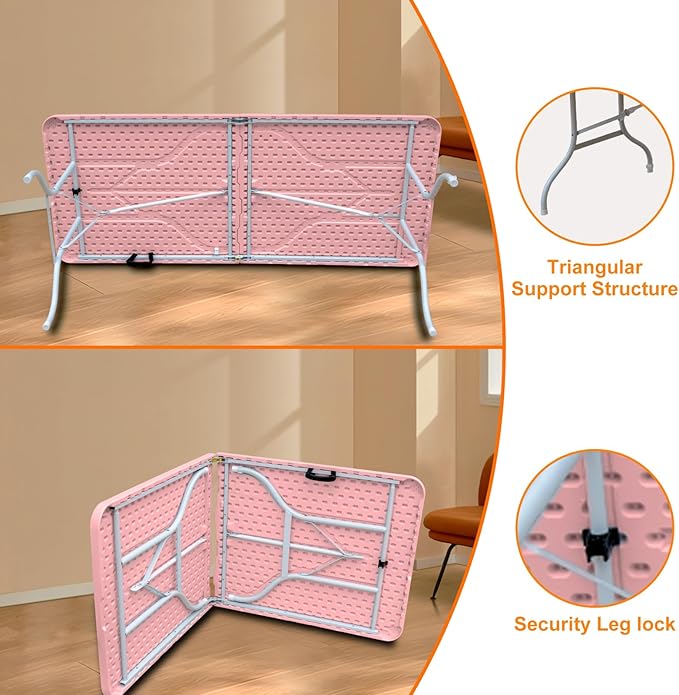 6 FT Folding Table with Carry Handle, Portable Fold-in-Half Plastic Table, Rectangle Foldable Table for Indoor/Outdoor Pink