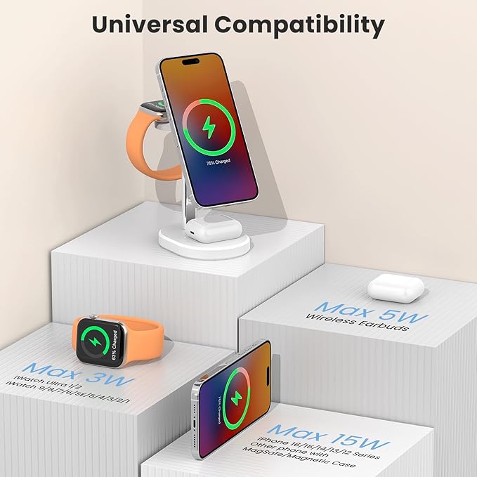 3 in 1 Wireless Charging Station,Detachable Apple Watch Charger & 15W Charger Stand for MagSafe for iPhone, Wireless Charger for Multiple Devices iPhone 16/15/14/13&Watch&AirPods（Orange）