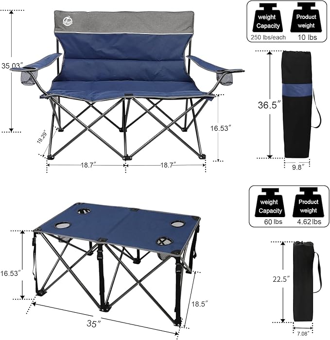 Northroad Folding Camping Chair Set of 4,Portable Collapsible Conversation Set w/1 Sofa,2 Single Chairs and 1 Table for Family Patio,Outdoor Travel,Beach(Blue)