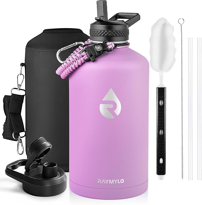 One Gallon Water Bottle Insulated, Triple Walled Vacuum Stainless Steel (Cold for 48 Hrs), Leak Proof & Non-BPA, Large Water Flask Jug with Paracord Handle & Straw Spout Lids