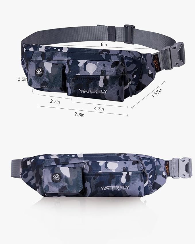 Waterfly Fanny Pack Slim Soft Polyester Water Resistant Waist Bag for Man Women Carrying iPhone Xs / 8 Plus Samsung S10 Plus/Note 8, Camouflage Black