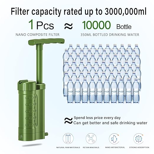 Water Filter Pump, 0.01 Micron 5-Stage Water Filter,Portable Outdoor Emergency and Survival Gear - Camping, Hiking, Backpacking (k8188 Green)