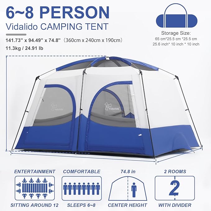 Vidalido Tents，6-8 Person Camping Tent with Extended Vestibule，2 Room Weather Resistant Family Tents，Easy Install Waterproof Outdoor Tent for Backpacking and Camping Hiking