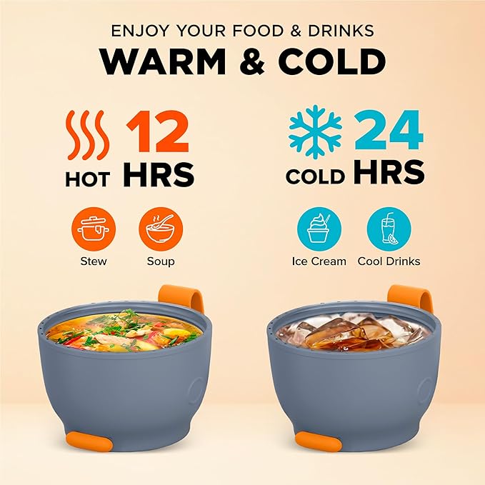 ENERGIFY Vacuum Insulated Food Jar. Large 24oz Bowl incl. Folding Spoon, Cup. Wide Mouth Keep Hot & Cold Drinks Soup Lunch Container for Adults. BPA-Free Stainless Steel, Leak Proof Grey