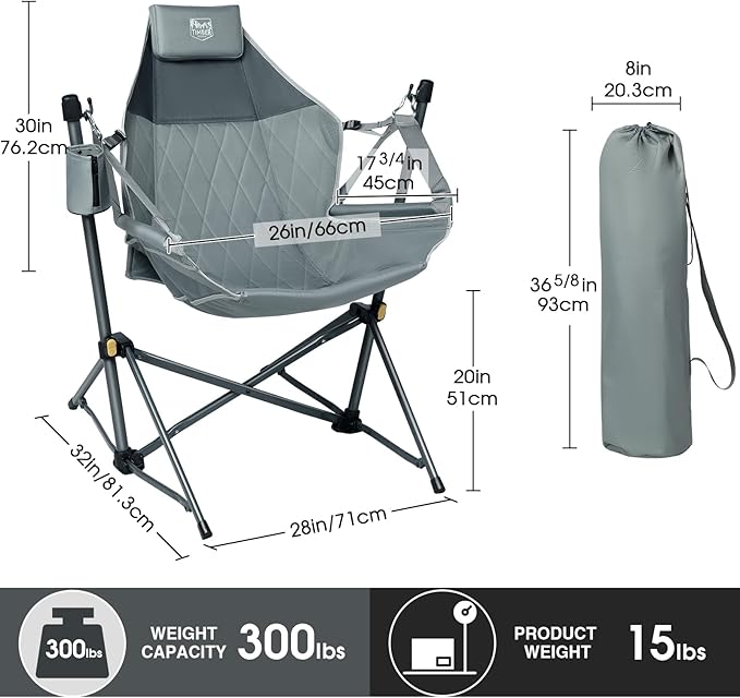 Timber Ridge Hammock Camping Chair with Adjustable Backrest, Heavy Duty Folding Hammock Chair Supports 300lbs, Portable Hammock Chair for Camping, Travelling and Patio, Grey